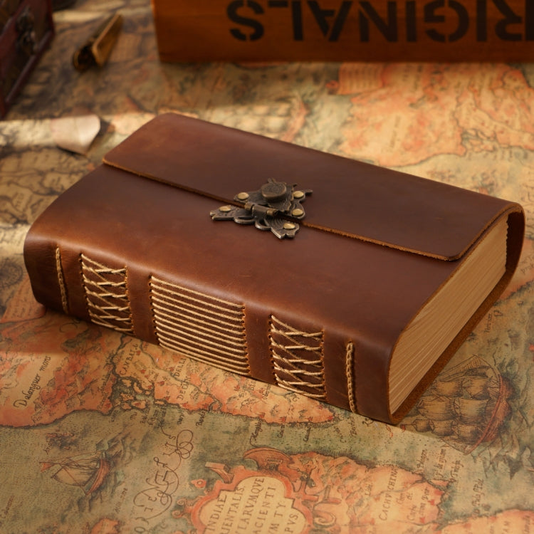 Handmade Sketchbook Cowhide Notebook Retro Notepad Notebook Diary Gift, Crazy Horse - Yellow Brown, Carved - Yellow Brown