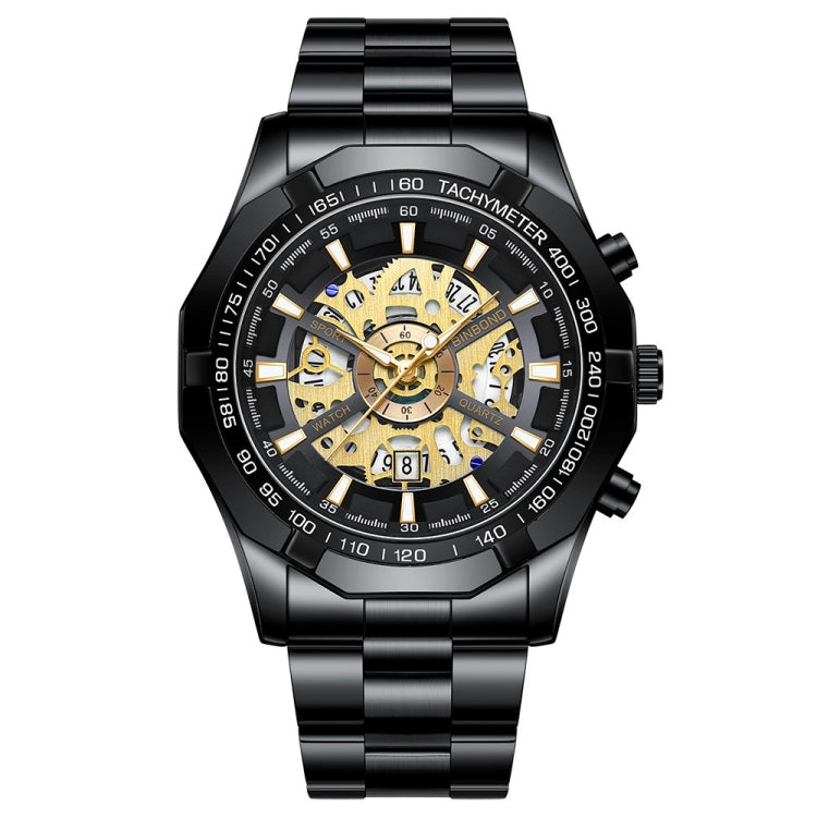 BINBOND S033 Hollowed Mechanical 30m Waterproof Luminous Quartz Watch, Black Steel-Black-Gold, Black Steel-Black-Rose Gold, Full Gold-Black-Gold, Blue Steel-Blue