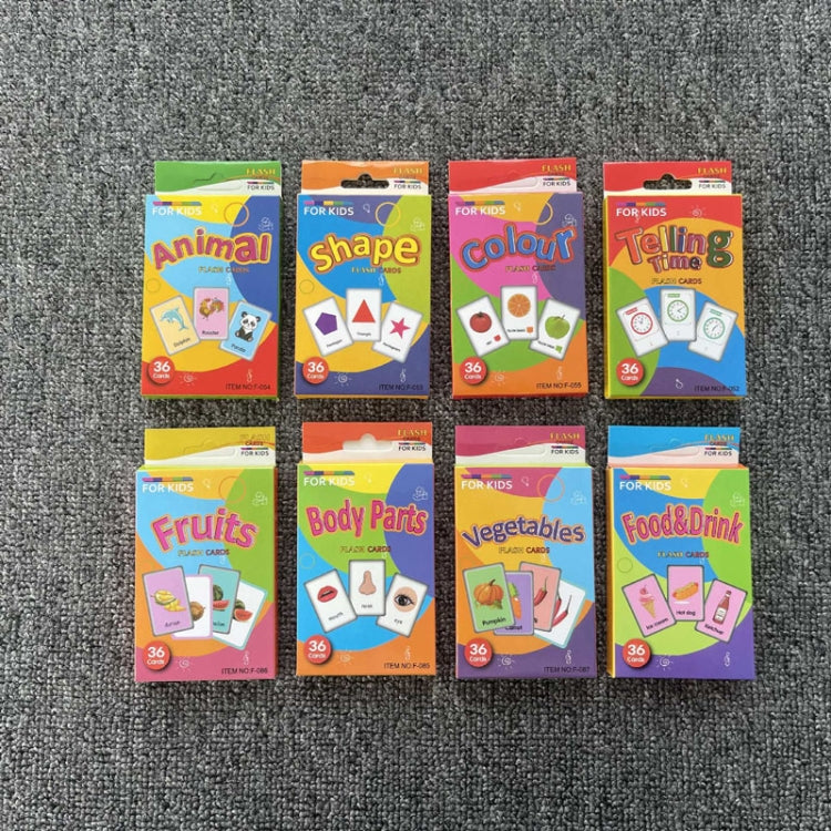 36pcs /Box Children Enlightenment Early Learning English Word Cards, C1 Animal, C2 Shape, C3 Color, C4 Time, C5 Fruit, C6 Body Part, C7 Vegetable, C8 Food And Drink