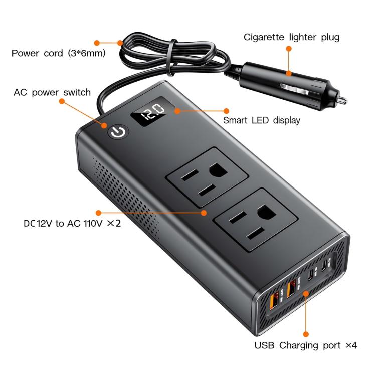 DC12V 200W Fast Charging QC3.0 PD Car Cigarette Lighter Portable Inverter, 110V US Plug, 220V Universal
