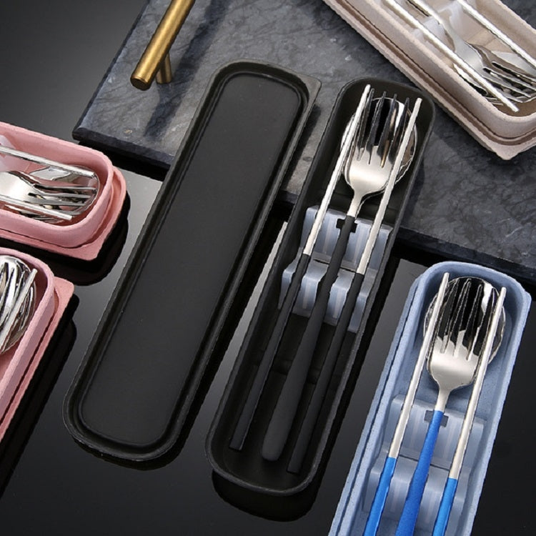 3pcs / Set Portable Stainless Steel Tableware Creative Set Chopsticks Spoon Fork Gift, Steel, Black, Pink, Red, Blue