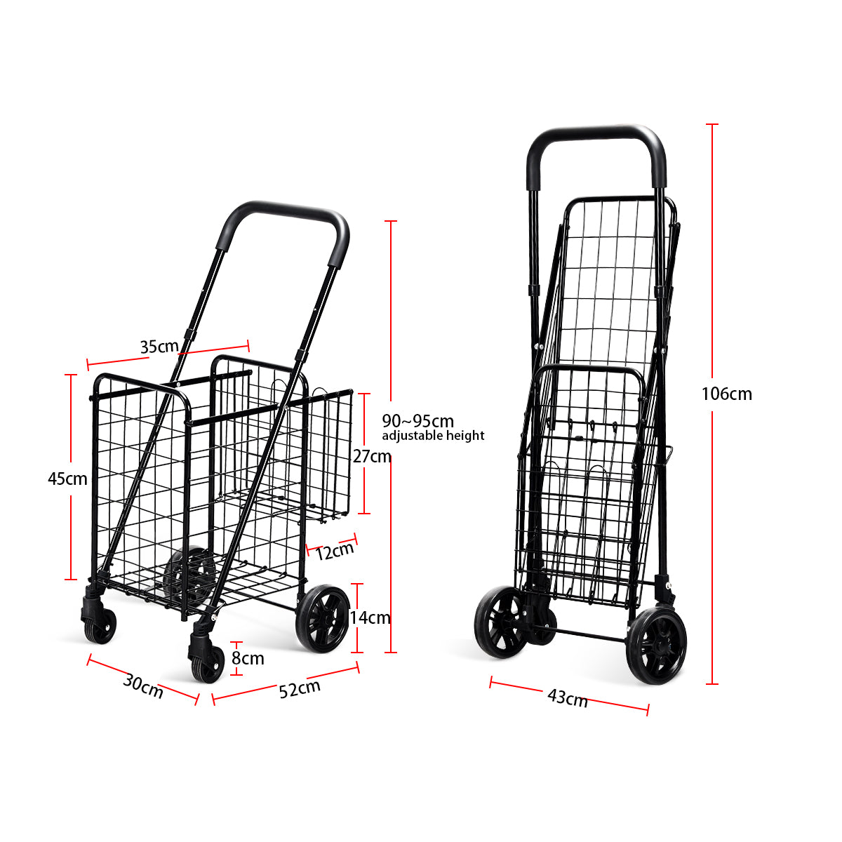 Folding Height Adjustable Shopping Trolley with Handle and Wheels-Black