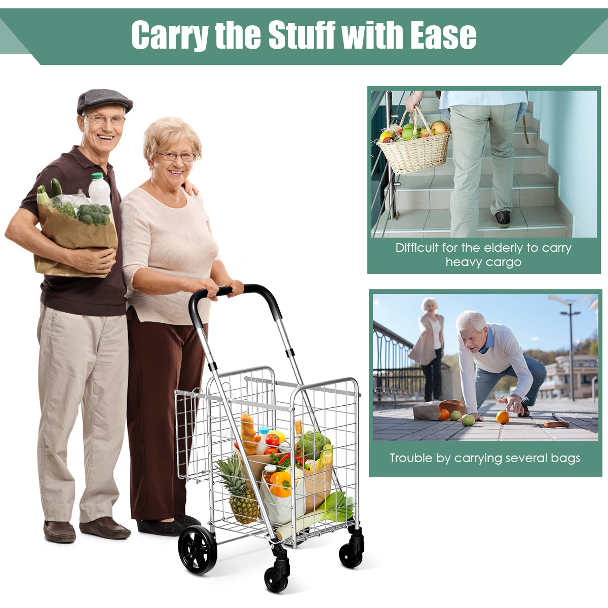 Folding Height Adjustable Shopping Trolley with Handle and Wheels-Black