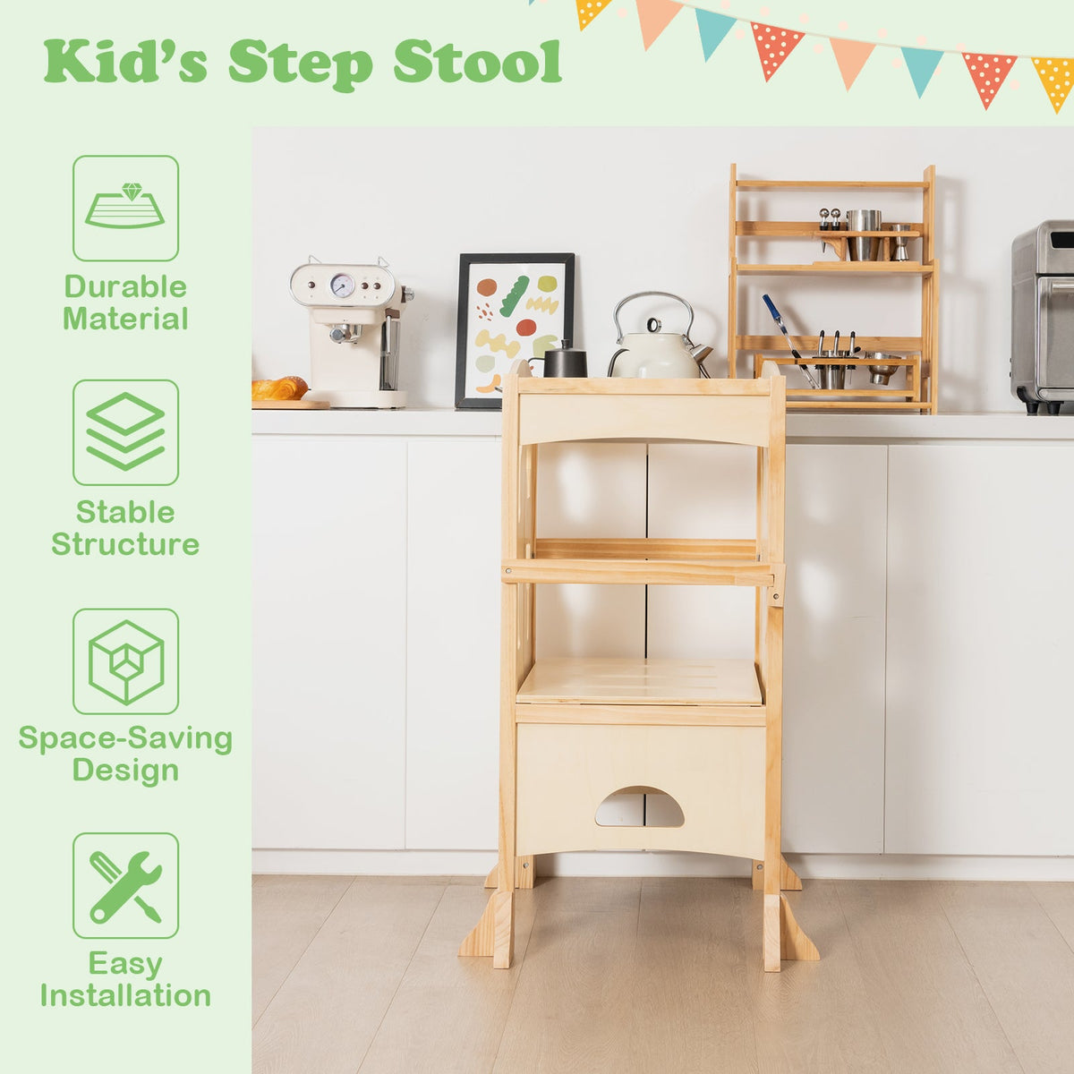 Folding Height Adjustable Kids Step Stool with Safety Latches-Brown