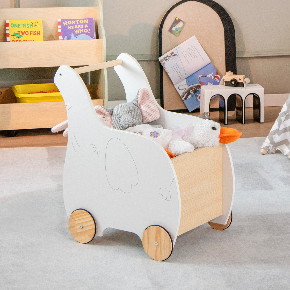 2-in-1 Wooden Baby Walker with Storage Chest and 4 Wheels-Grey