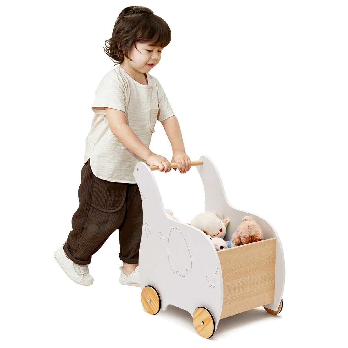 2-in-1 Wooden Baby Walker with Storage Chest and 4 Wheels-Grey