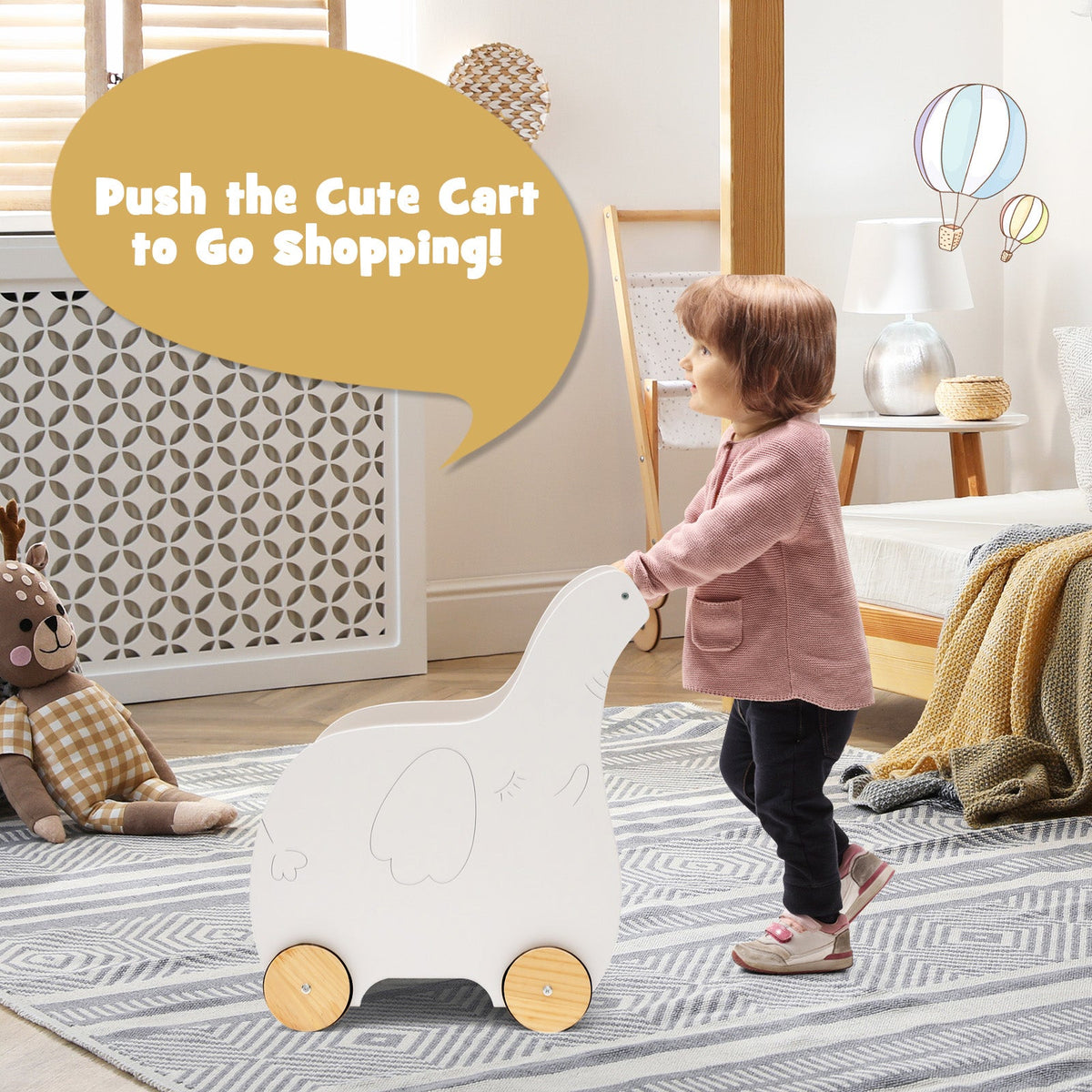 2-in-1 Wooden Baby Walker with Storage Chest and 4 Wheels-Grey
