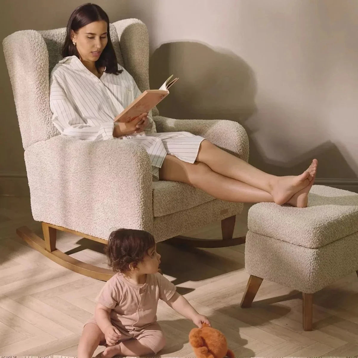 Tutti Bambini Harper Wingback Rocking Chair & Footstool - Teddy Mushroom