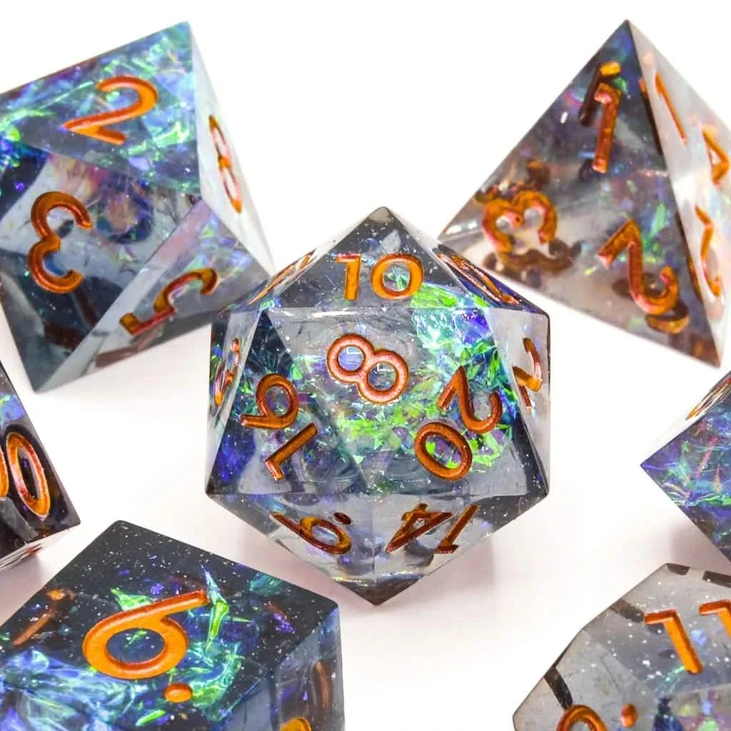 Cosmic Veil | Sharp Edge Dice | Resin | 7 Piece Set