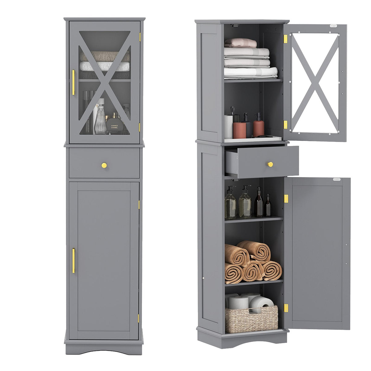 Tall Bathroom Cabinet with Drawer 2 Doors and 3 Adjustable Shelves-White