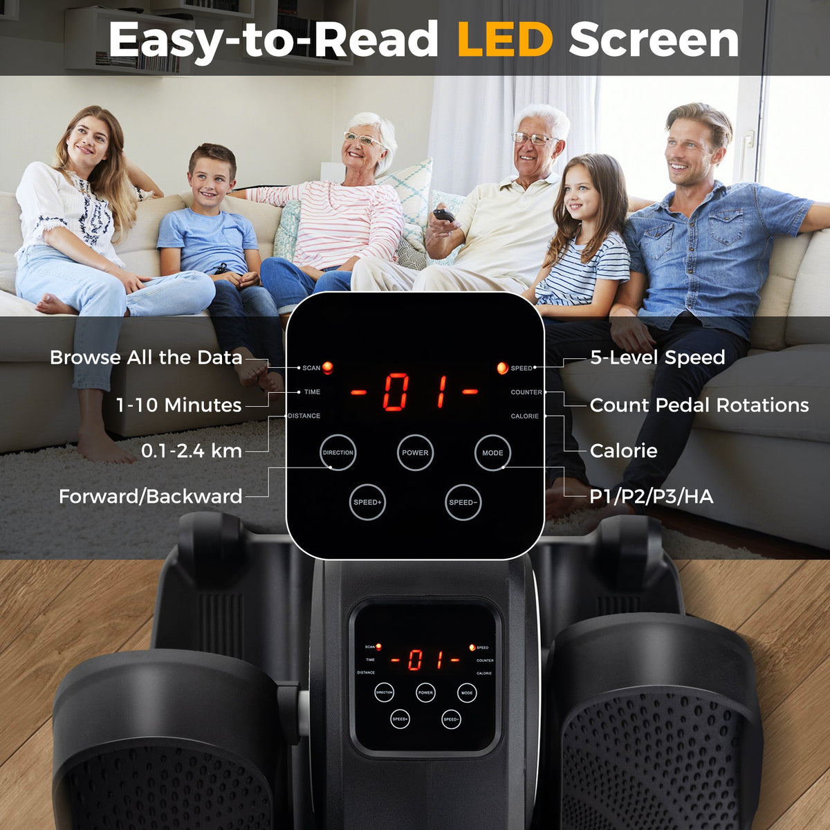 Under Desk Elliptical Machine with Display Screen and Remote Control-Grey