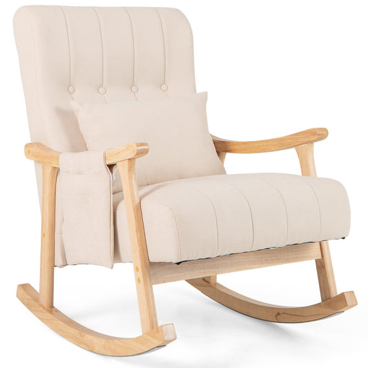 Upholstered Glider Rocker Chair with High Backrest and Cushioned Seat-Beige