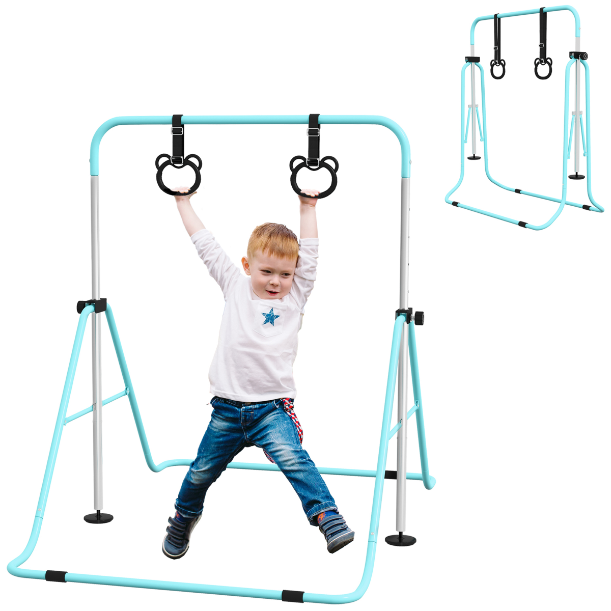 HOMCOM Adjustable Height Foldable Kids Gymnastics Bar with Non-Slip Mats