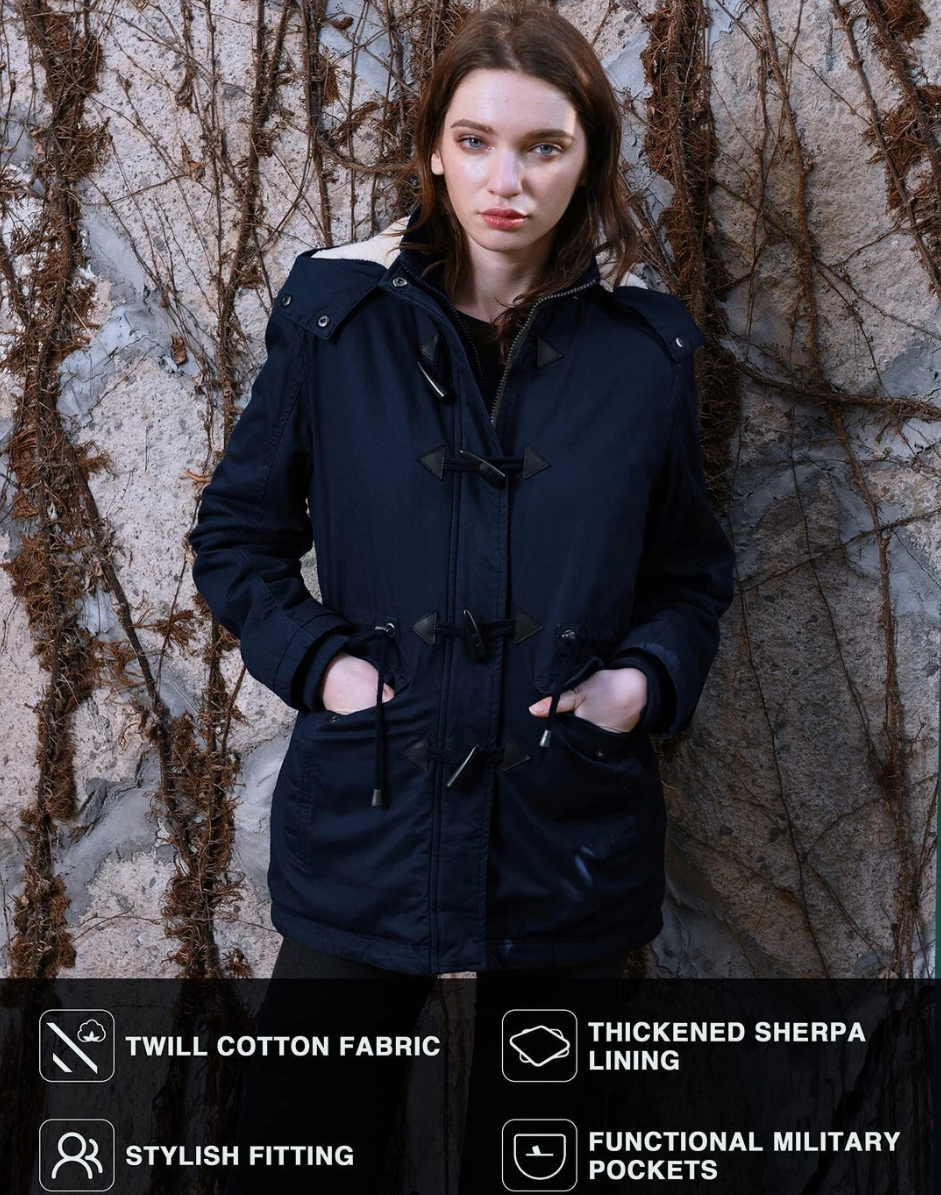 Womens Parka Coat Winter Sherpa Lined Hooded Twill Cotton Navy Size XL Wantdo