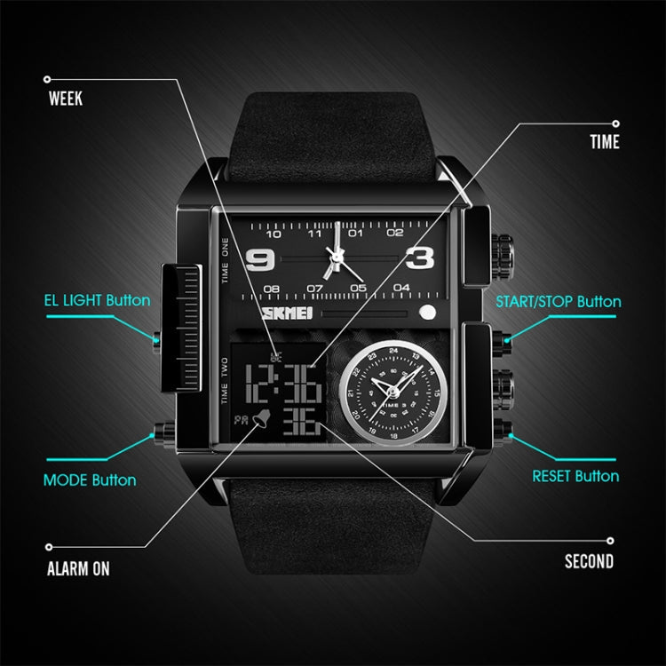 SKMEI 1391 Multifunctional Men Business Digital Watch 30m Waterproof Square Dial Wrist Watch with Leather Watchband