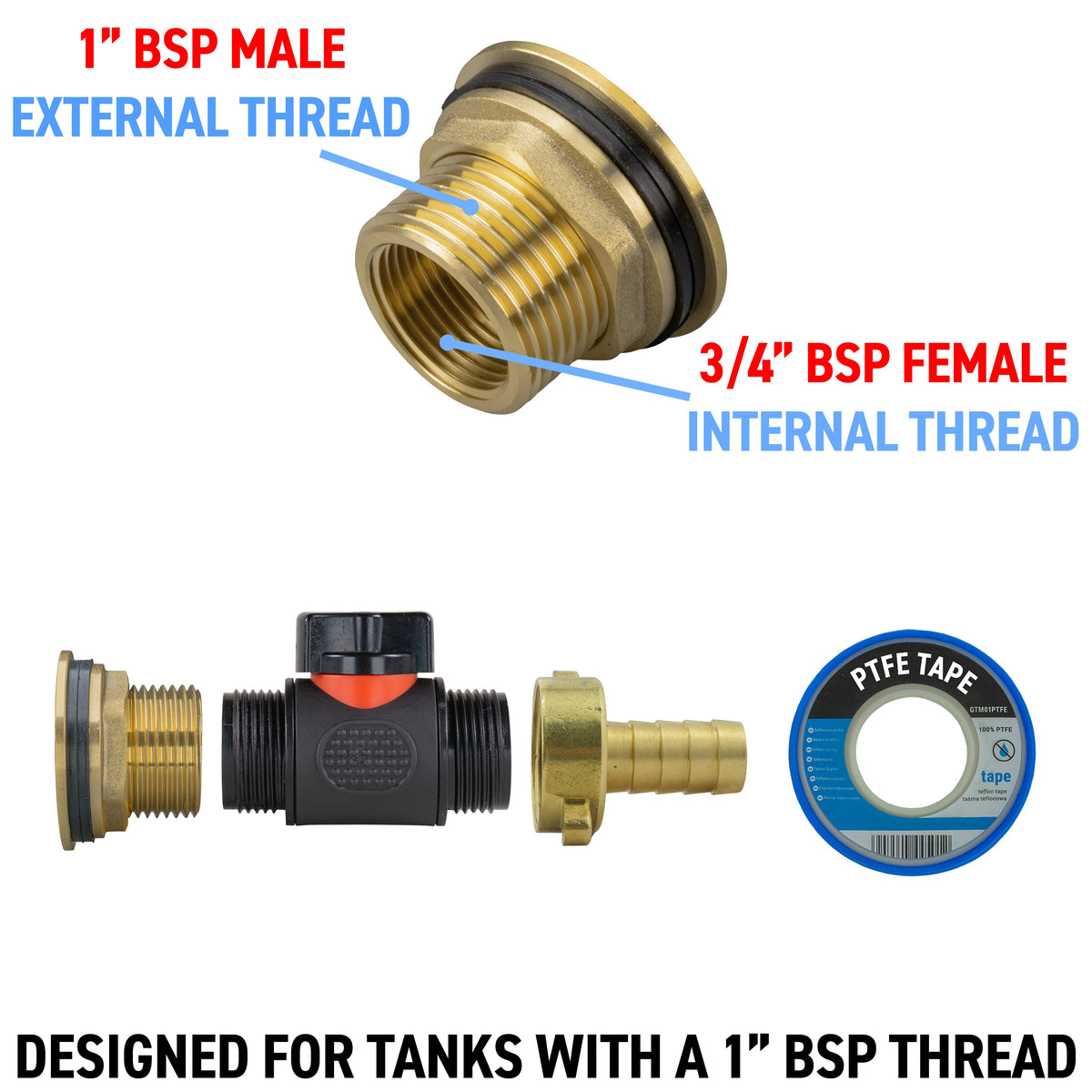 Water Butt Brass Kit 1" with In-Line Valve + 1/2" Brass Barb and Drill Bit