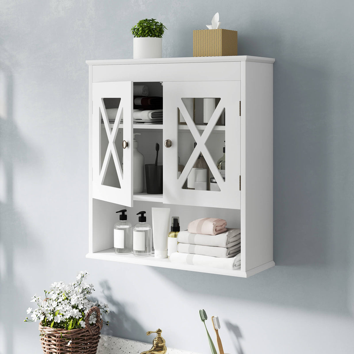Wall Mounted Bathroom Cabinet with with 2 Acrylic Doors Medicine Cabinet-White