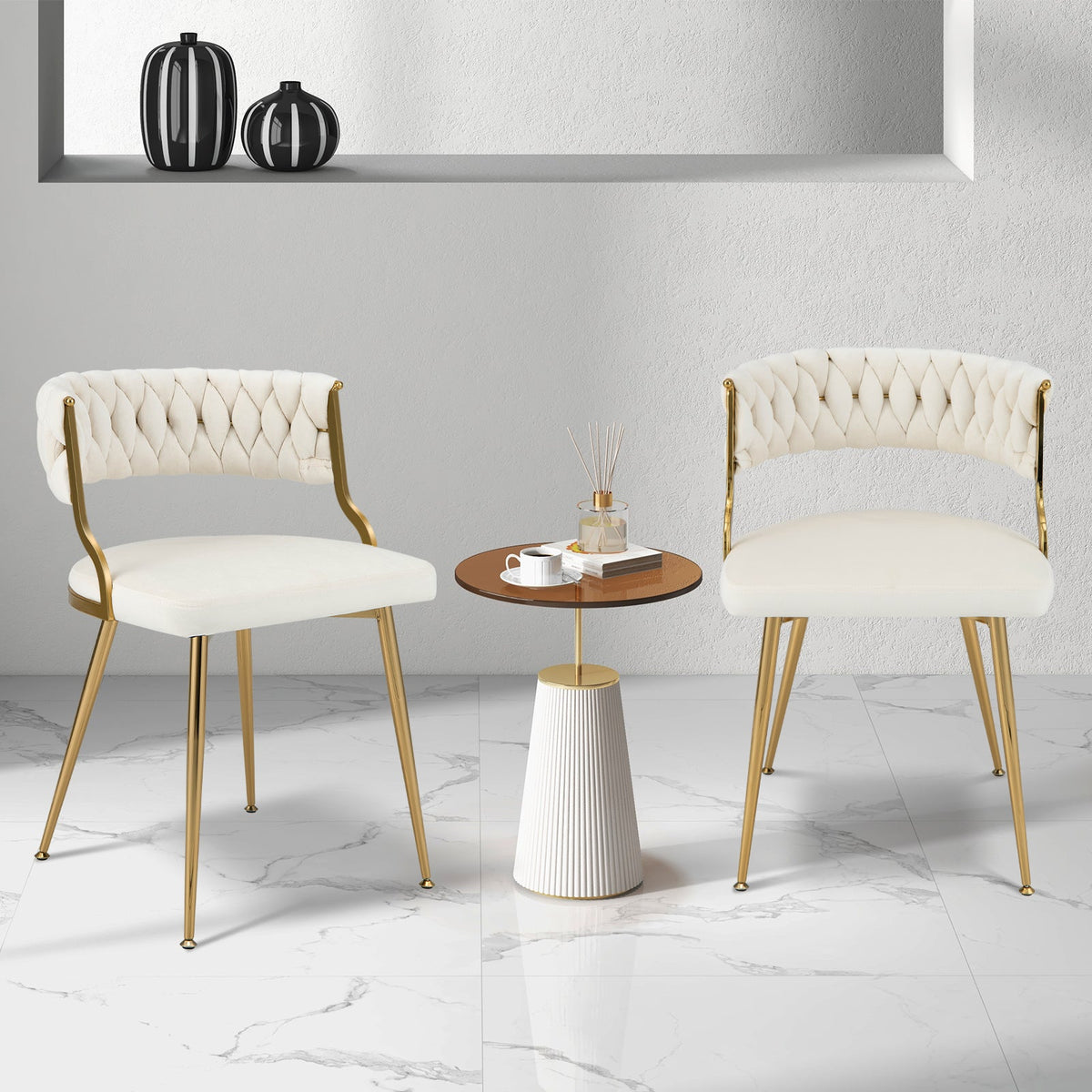 Set of 2 Velvet Dining Chair with Metal Legs and Woven Back-Grey