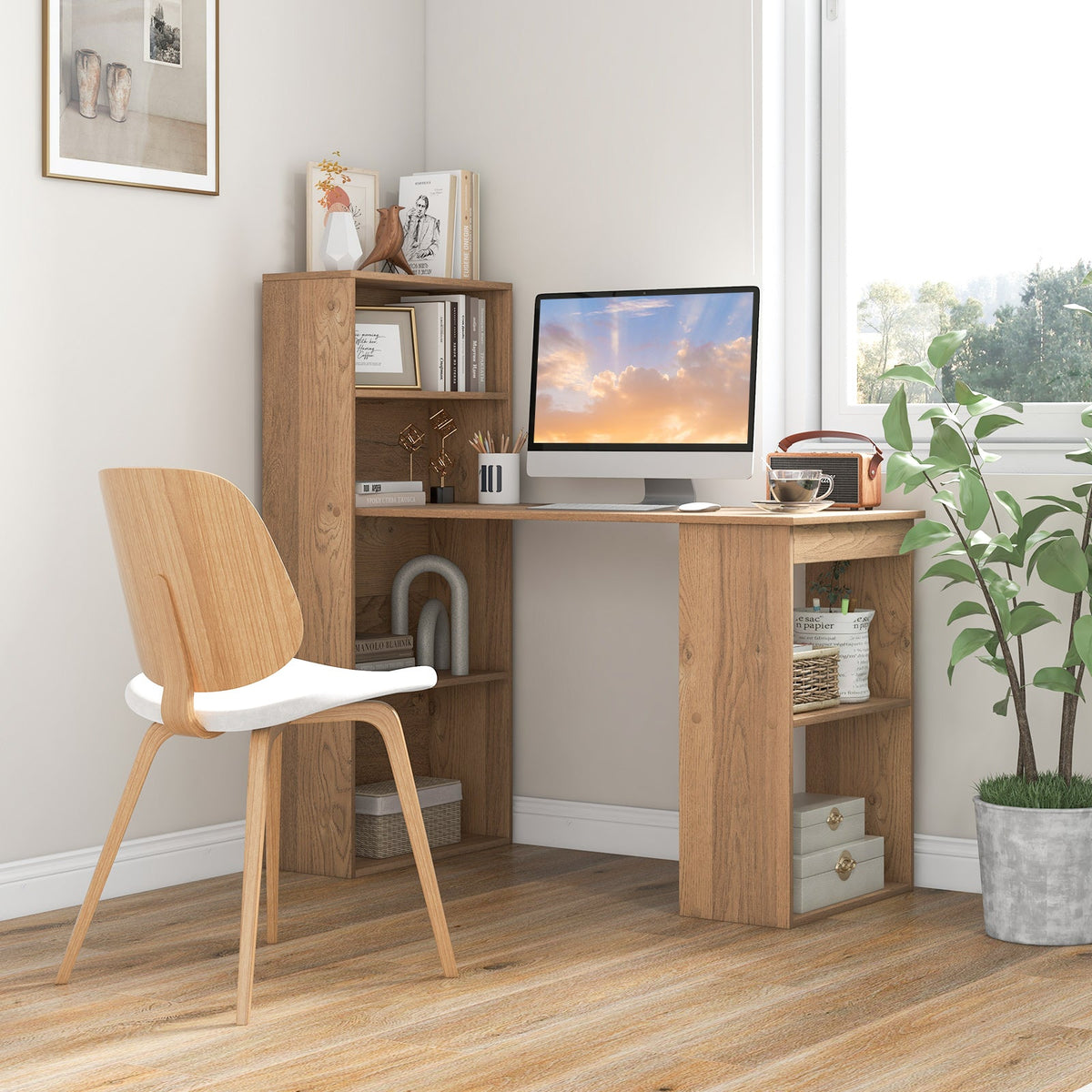 Modern 3-in-1 Wooden Computer Desk with 6-Tier Storage Bookshelves-White
