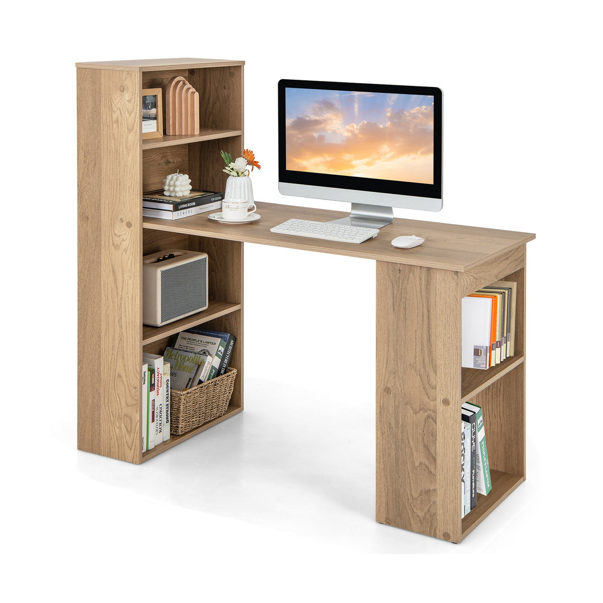 Modern 3-in-1 Wooden Computer Desk with 6-Tier Storage Bookshelves-White