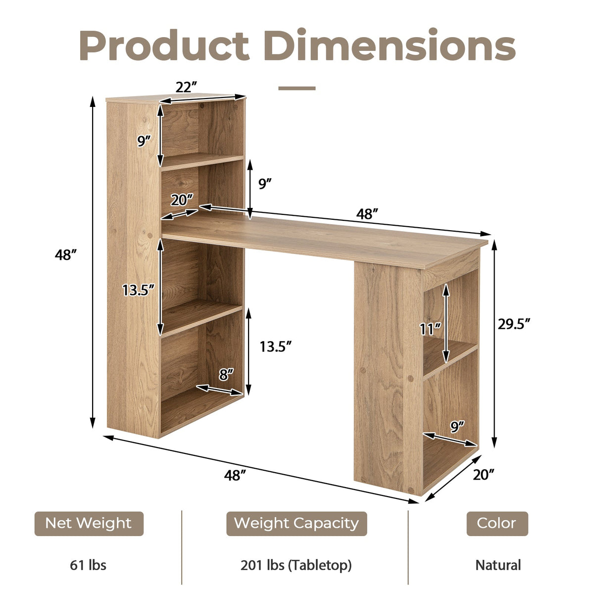 Modern 3-in-1 Wooden Computer Desk with 6-Tier Storage Bookshelves-White