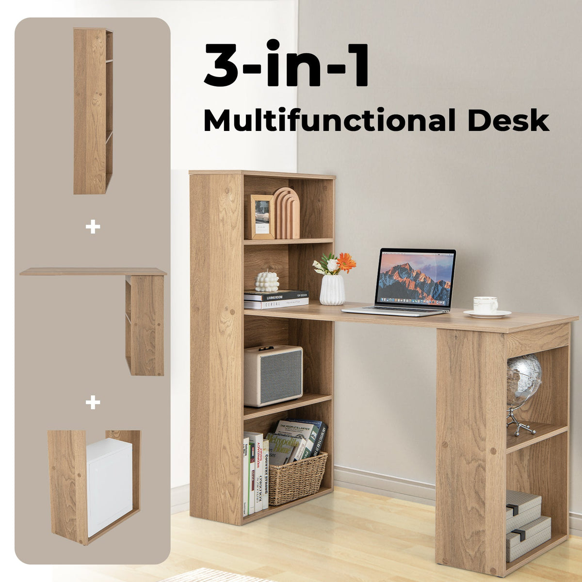 Modern 3-in-1 Wooden Computer Desk with 6-Tier Storage Bookshelves-White