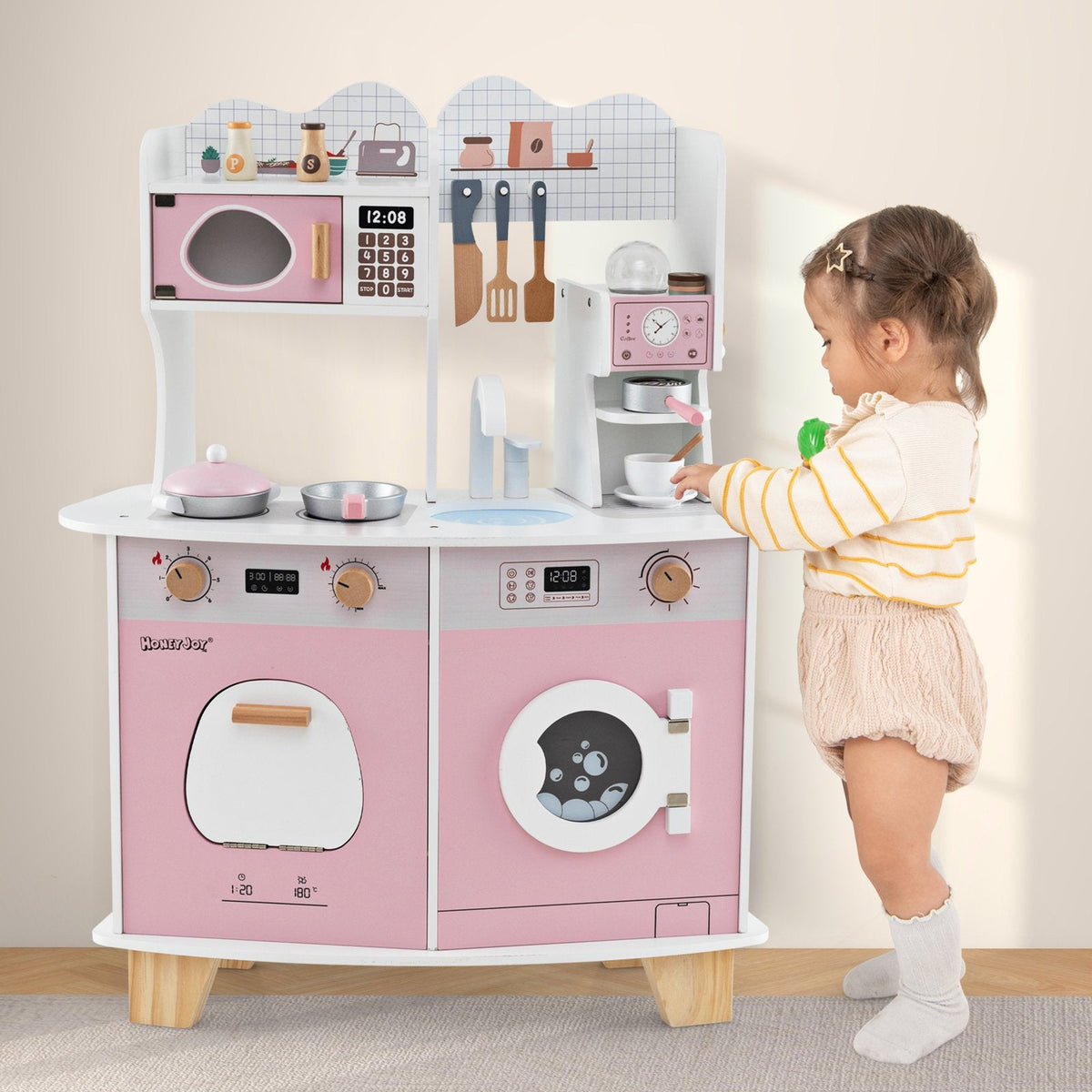 Wooden Kids Kitchen Playset with Coffee Maker for 3+ Years Old-Pink