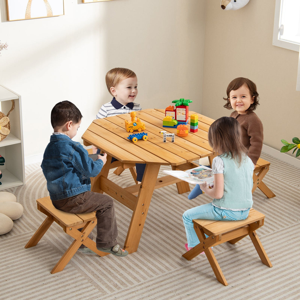 Wooden Kids Picnic Table Set with 4 Chairs and Adjustable Umbrella-Grey