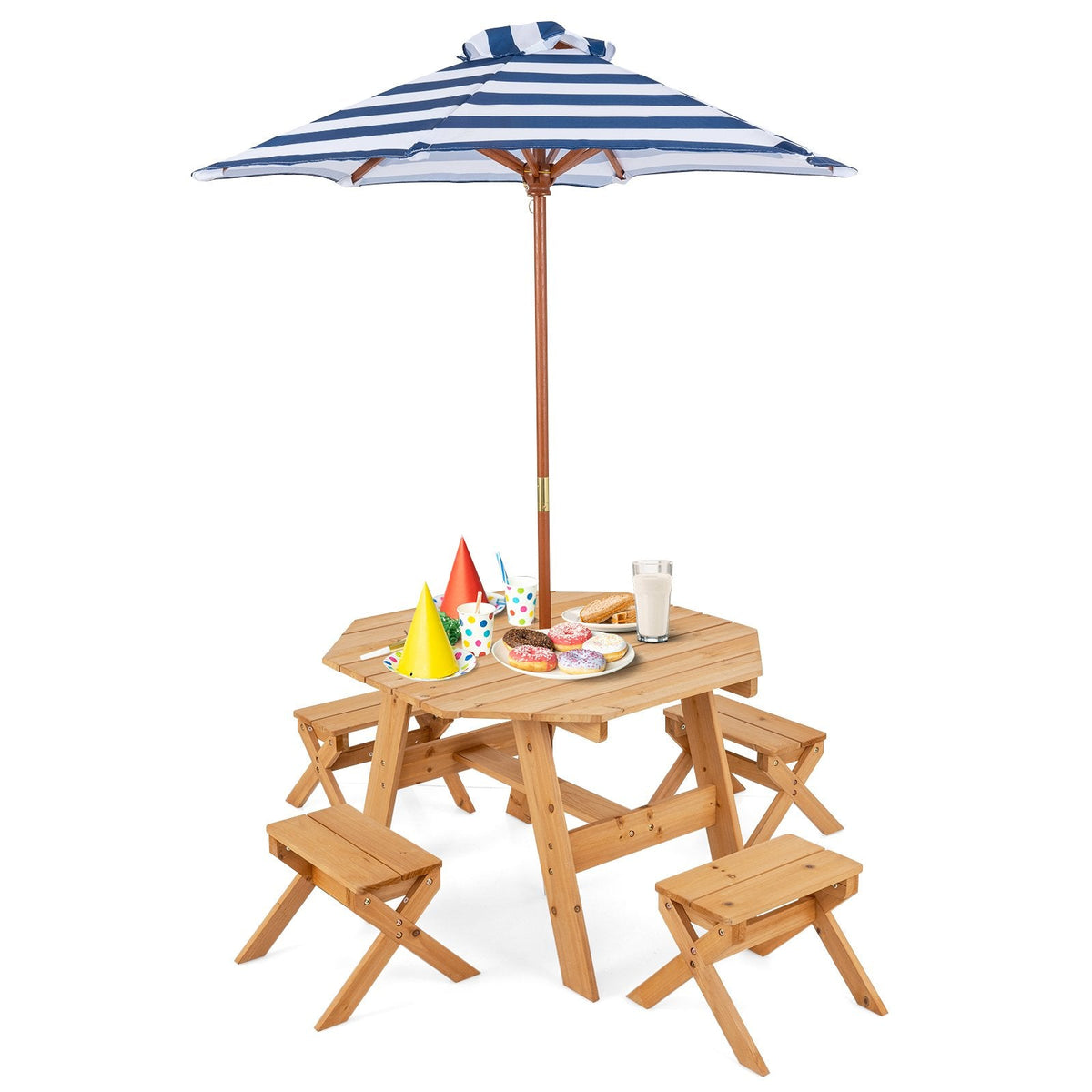Wooden Kids Picnic Table Set with 4 Chairs and Adjustable Umbrella-Grey