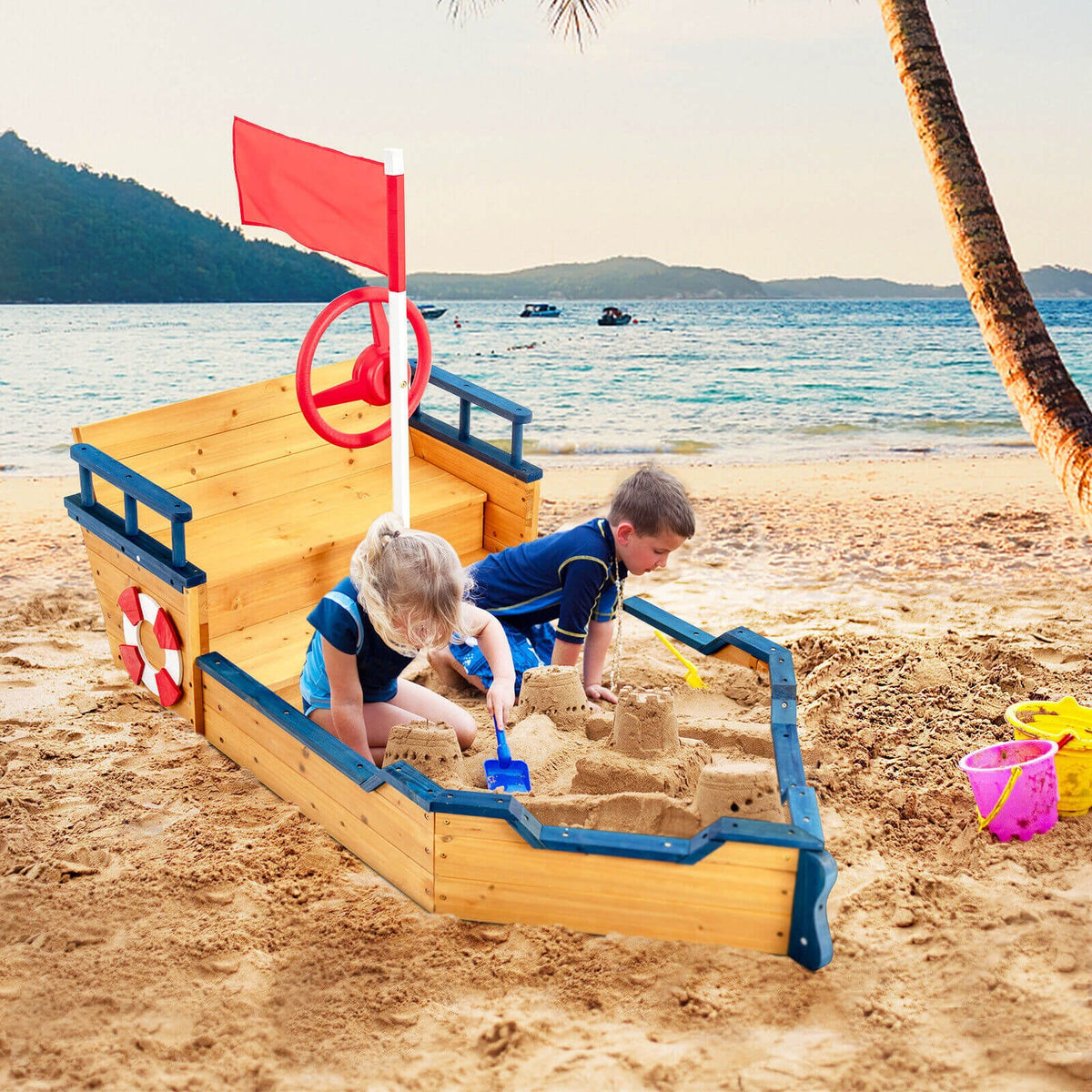 Wooden Pirate Sandboat with Bench Seat and Flag