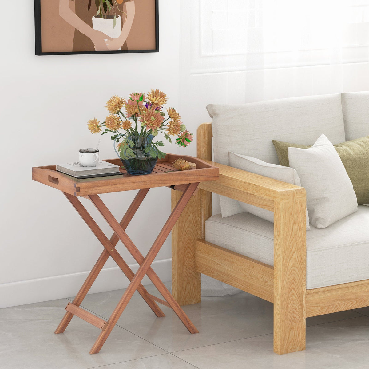 Wooden Side Table with Slatted Tabletop and Sturdy X-shaped Frame-C