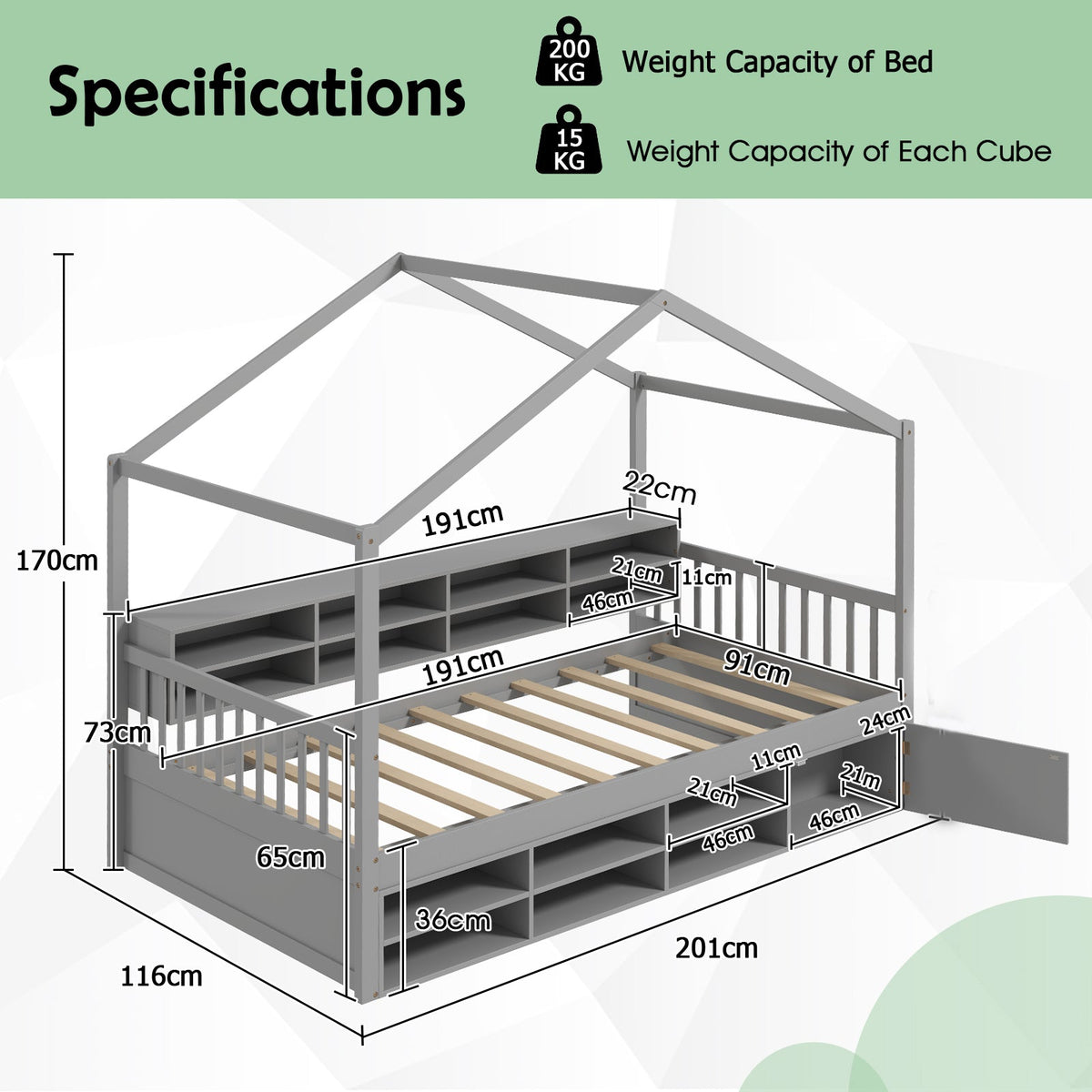 Wooden Single Size House Bed with Roof and 14 Storage Cubes-Grey