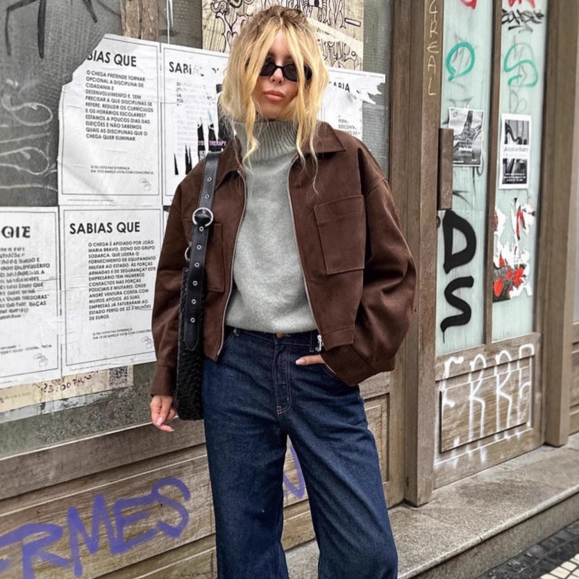 Brown Fashion Long Sleeve Suede Jacket