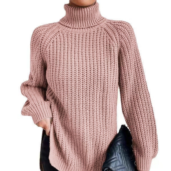Turtleneck Pullover Sweater With Split Design Fashion Simple Solid Color Long Sleeve Tops Women's Clothing