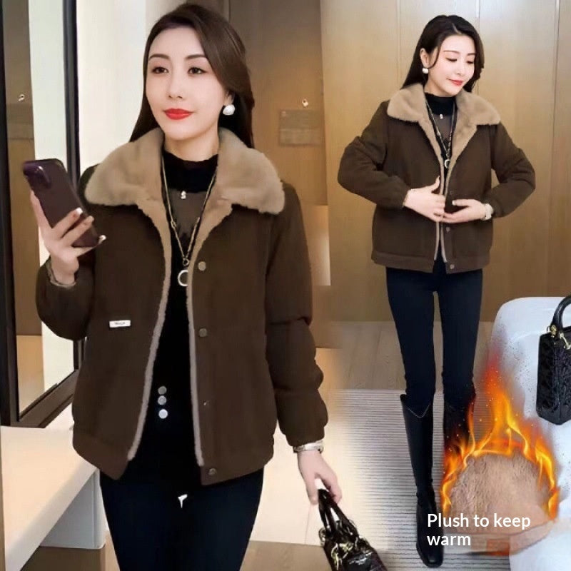 Corduroy Loose Fleece-lined Warm Jacket For Women