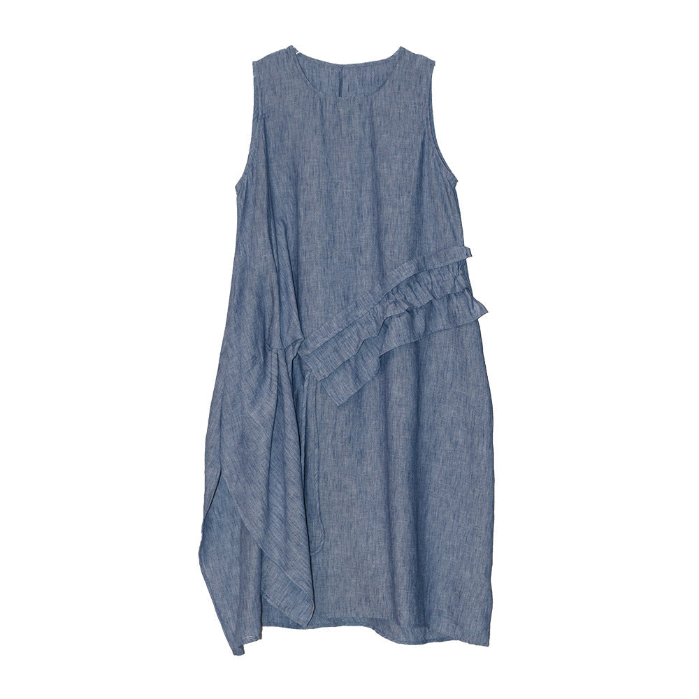 Women's Retro Crew Neck Patchwork Ruffled Drawstring Sleeveless Dress