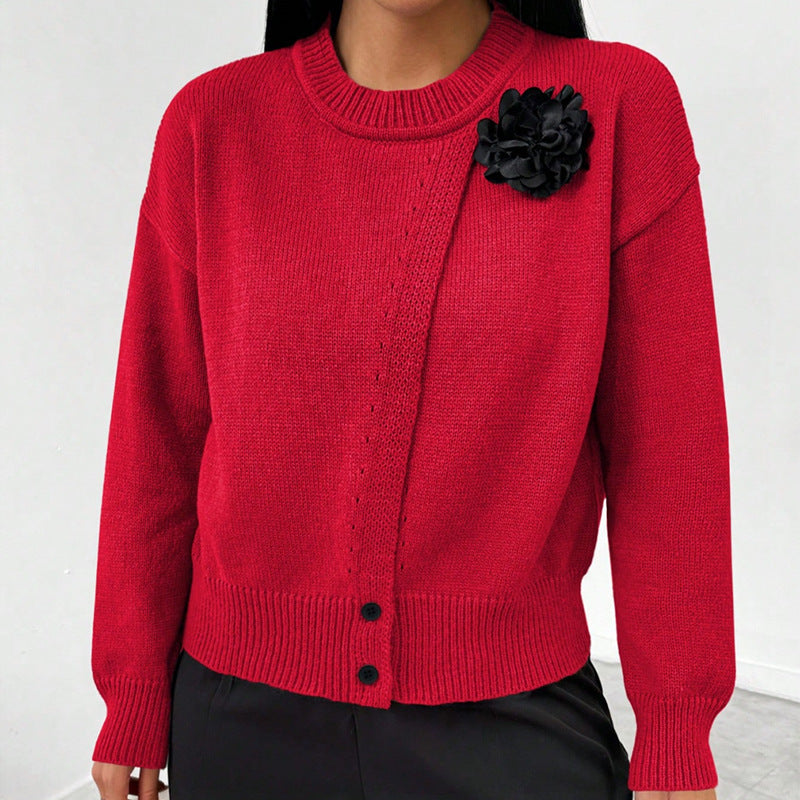 Women's Premium Elegant Solid Color Buttons Black Flower Knitted Pullover