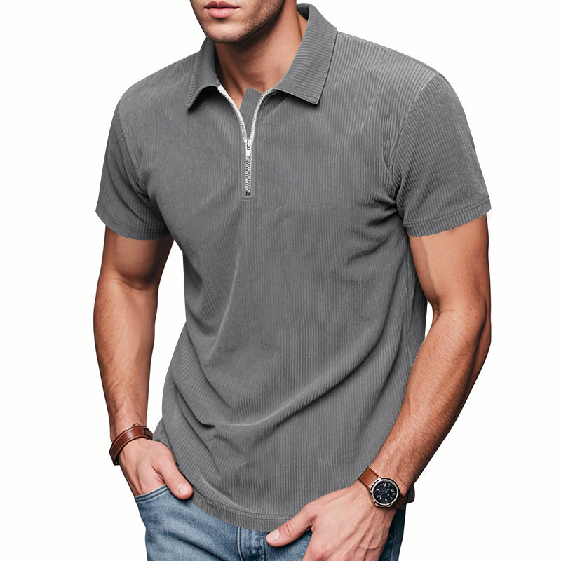 Mens Loose Corduroy Half-Zip Polo Short-Sleeve T-Shirt