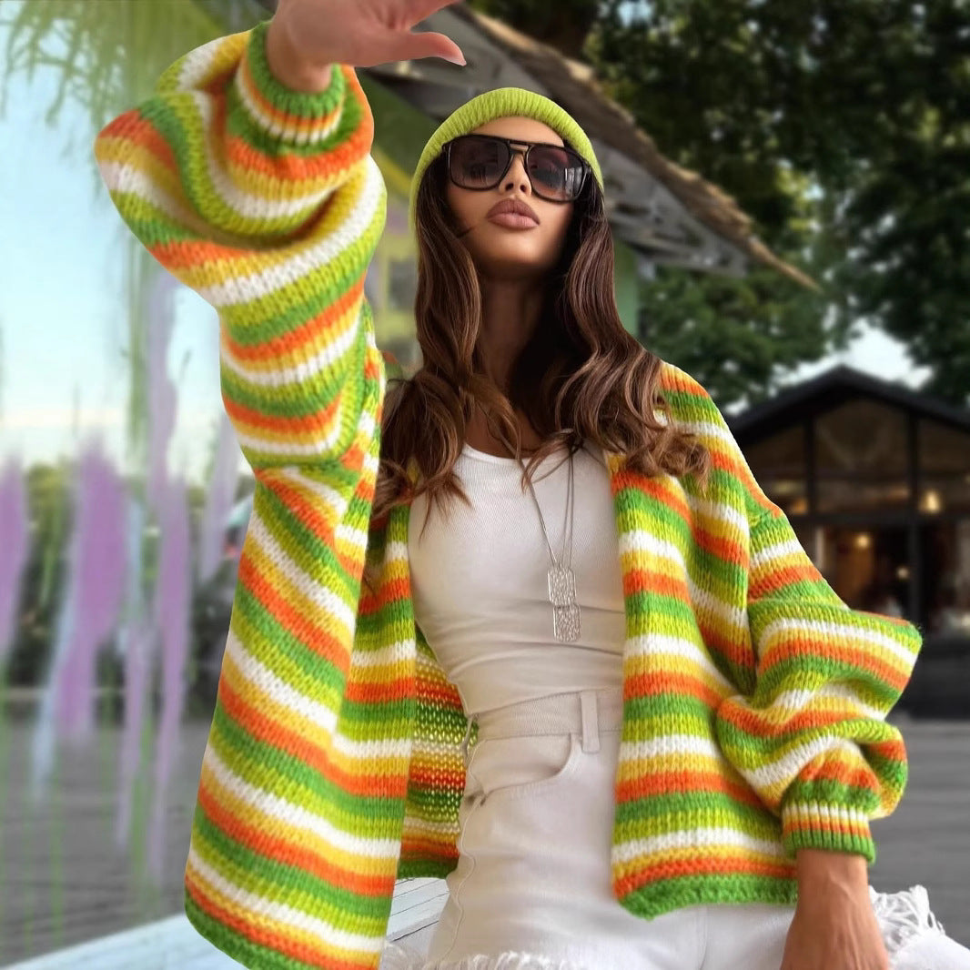 Rainbow Striped Sweaters Round Neck Long Sleeve Loose