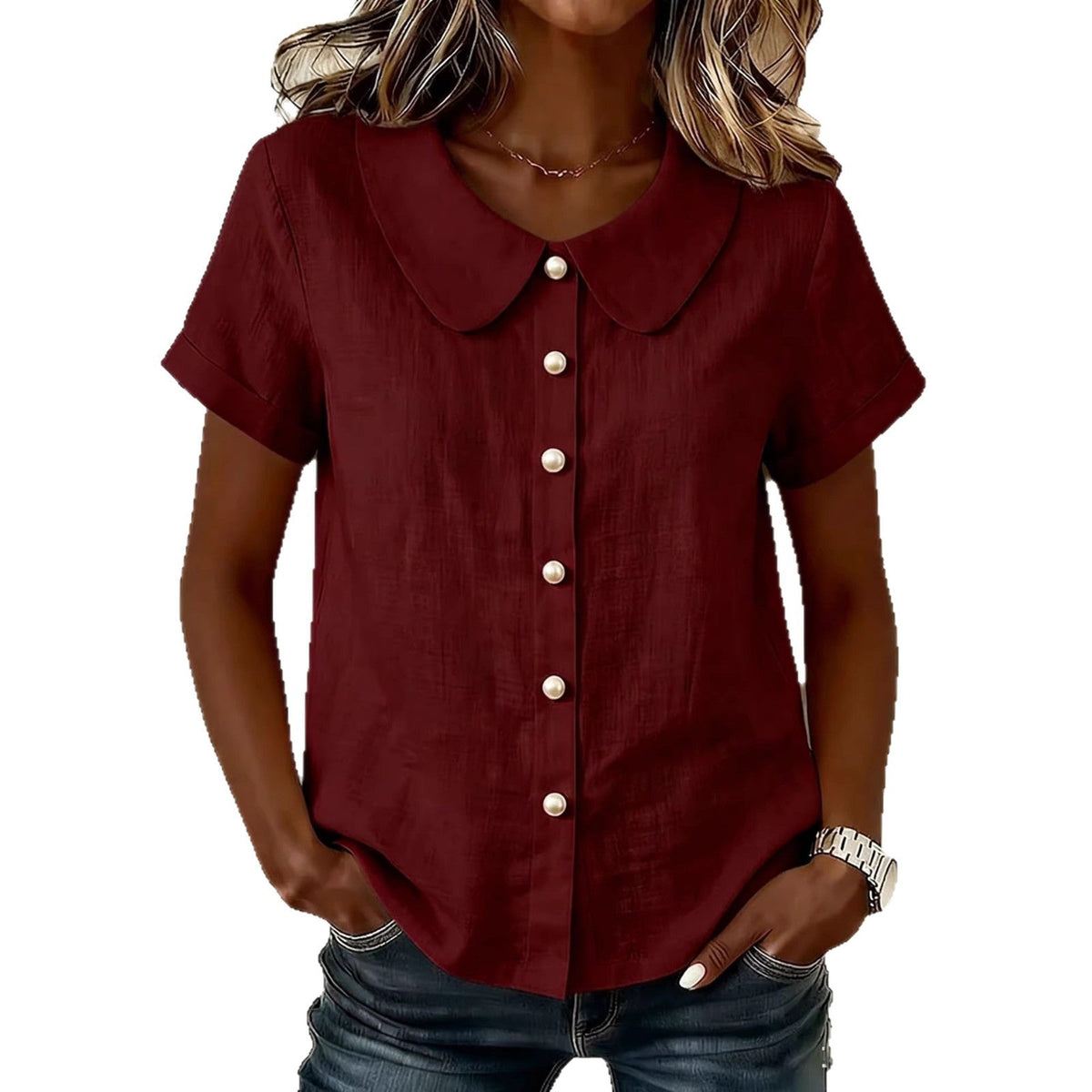 Womens Solid-Colored Short-Sleeve Casual Loose  Shirt