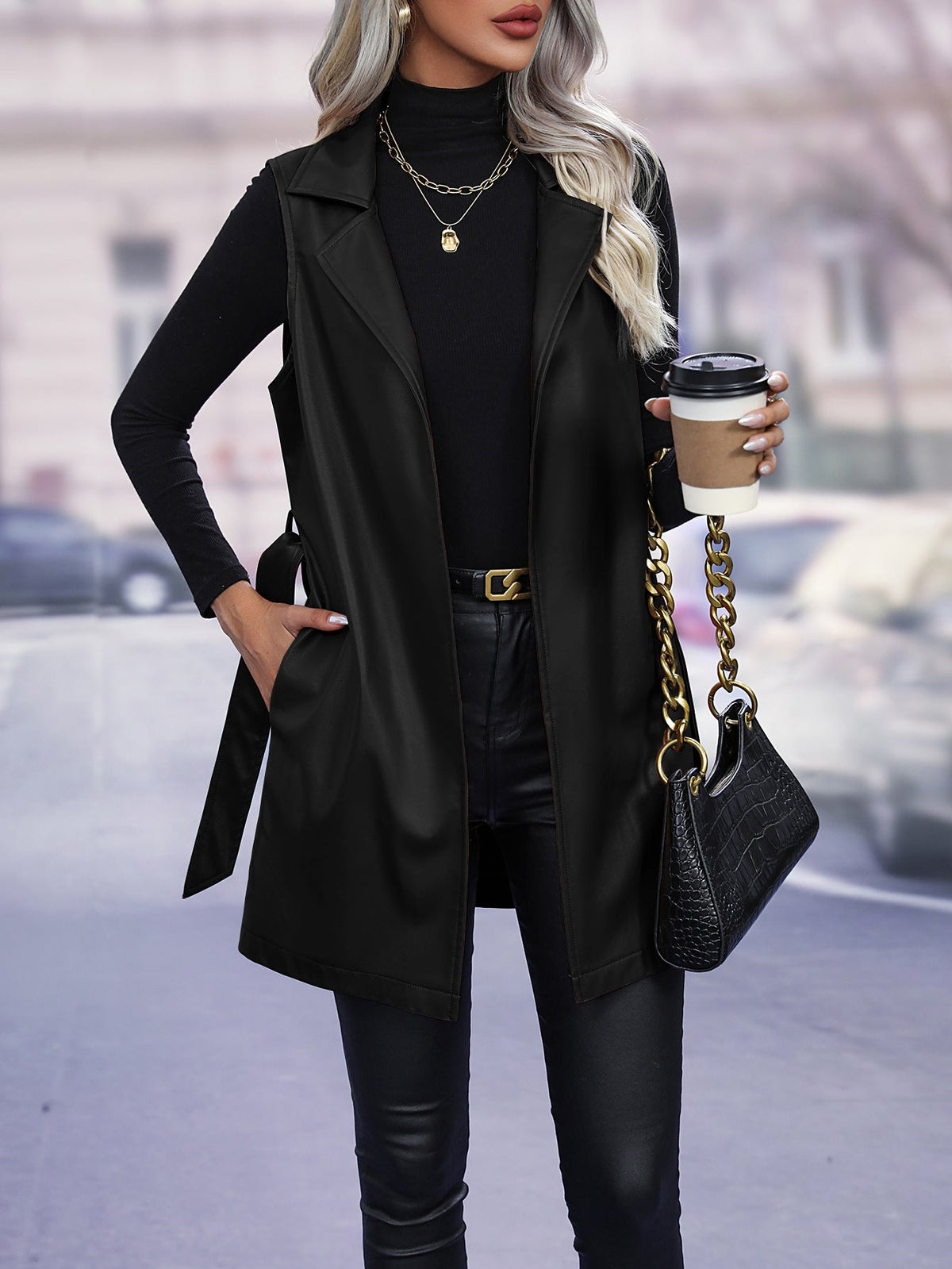 PU Leather Cardigan Strap Vest Vest Jacket For Women