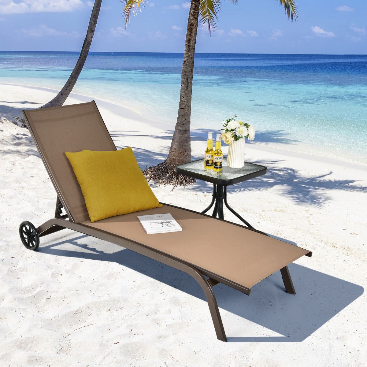 Adjustable Chaise Lounge with Smooth Wheels and Quick-drying Fabric-Black
