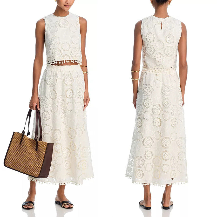 Literary Trends White Sleeveless Short Top Skirt Women's Suit