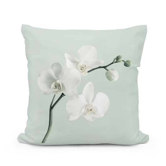 White Orchid on Mint Cotton Cushion