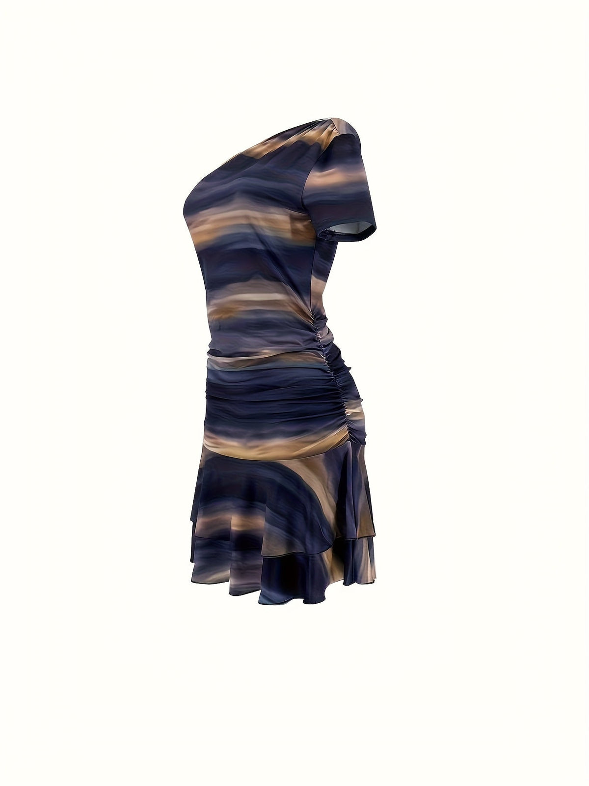 Elegant Asymmetric Single Shoulder Marble Print Dress
