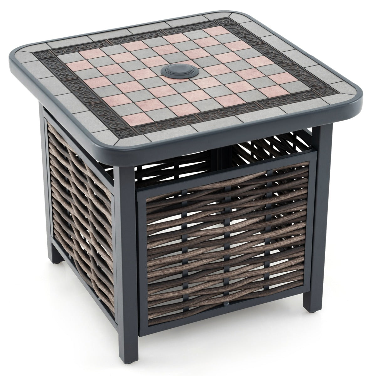 All Weather Patio Square End Table with Resin Tabletop and Umbrella Hole