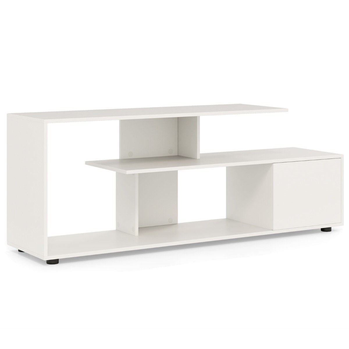 3-Tier Asymmetrical Media Console Table with Storage Shelves and Cabinet-White