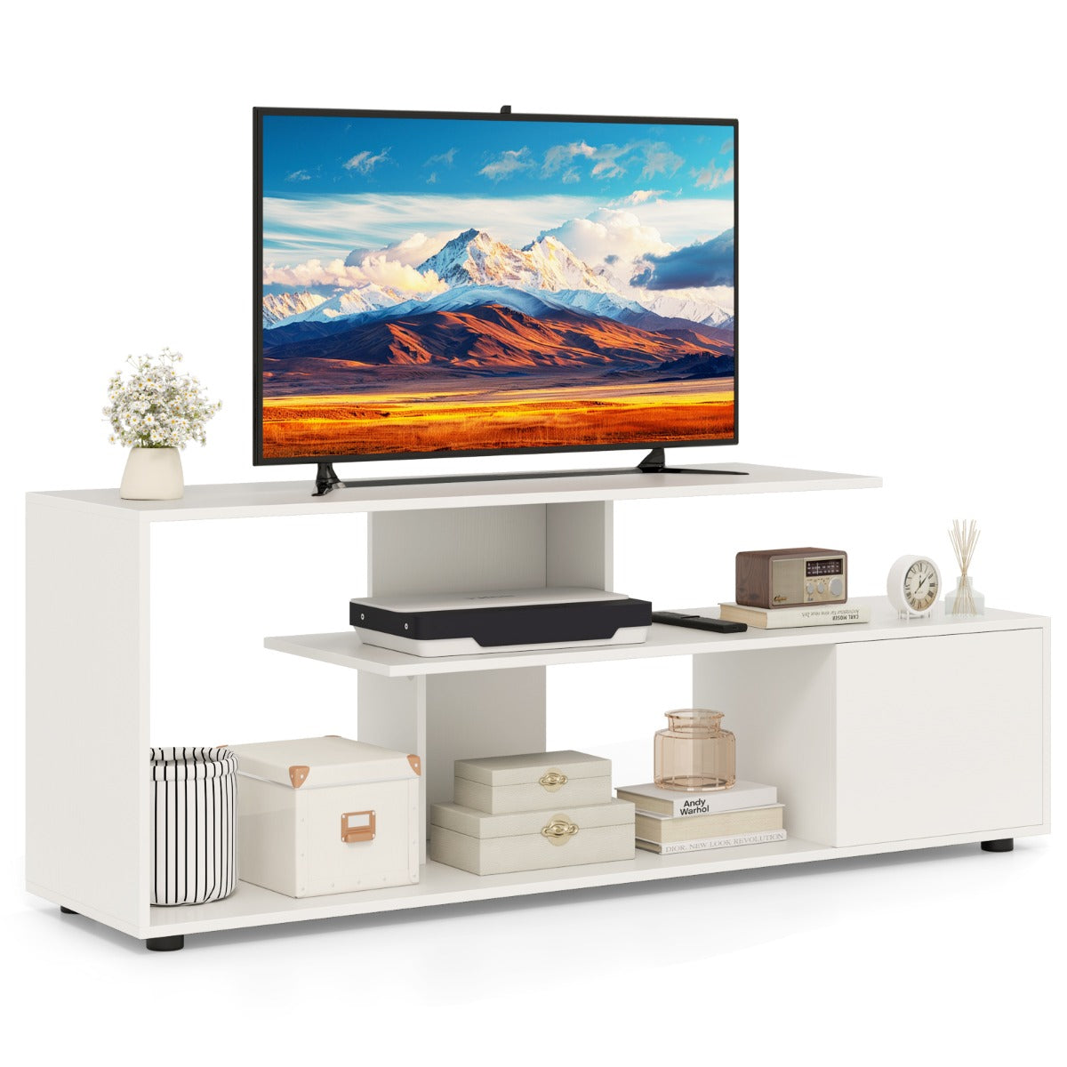 3-Tier Asymmetrical Media Console Table with Storage Shelves and Cabinet-White