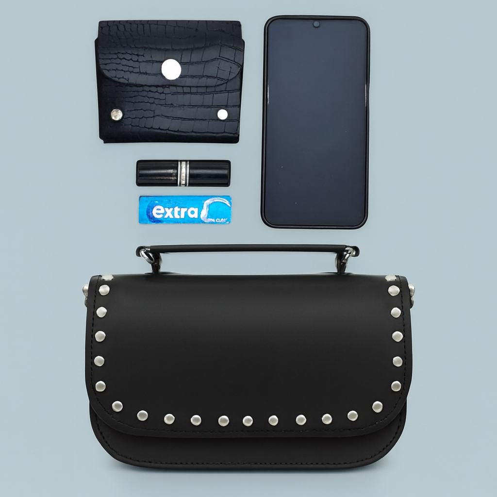 Aura Handmade Leather Bag - Black Studded