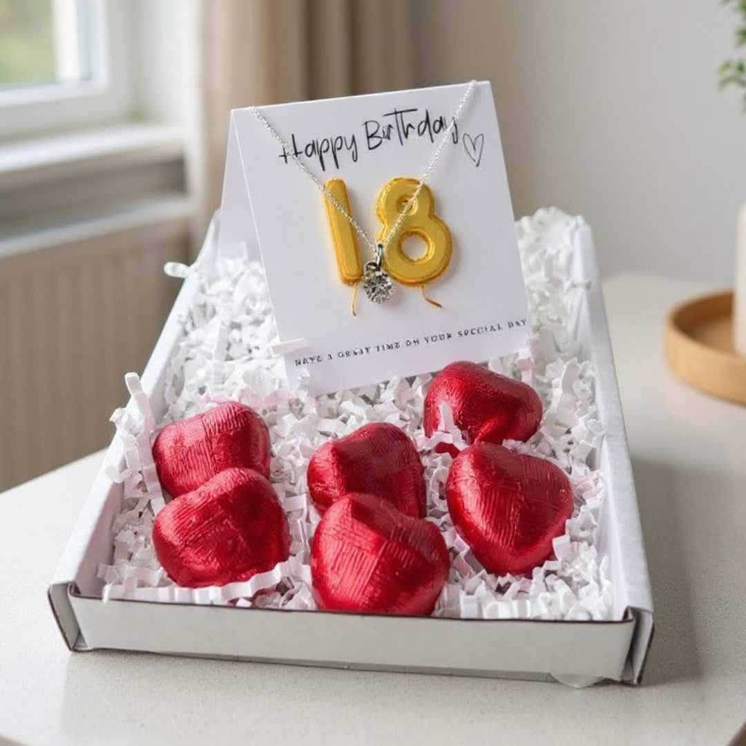 18th Birthday Necklace Gift Box, Cubic Zirconia & Chocolate Treats